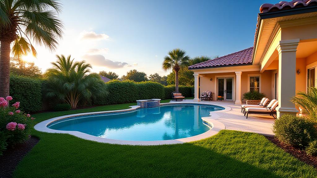 Manicured residential backyard with pool area