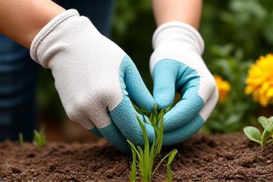 Gardener removing weeds from a mulched flower bed