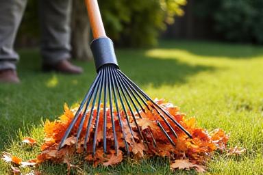 Raking leaves and debris from a yard